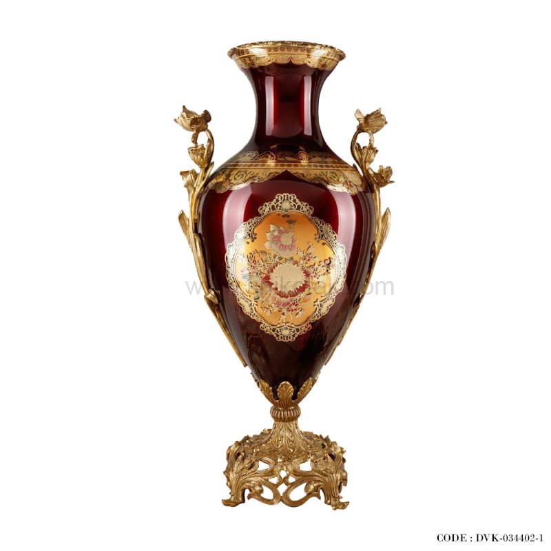 گلدان پایه برنز طلاکوب سری 402 زرشکی