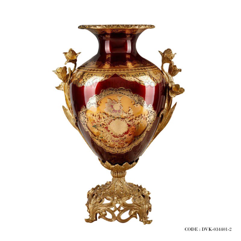 گلدان طلاکوب پایه برنز سری 401 زرشکی