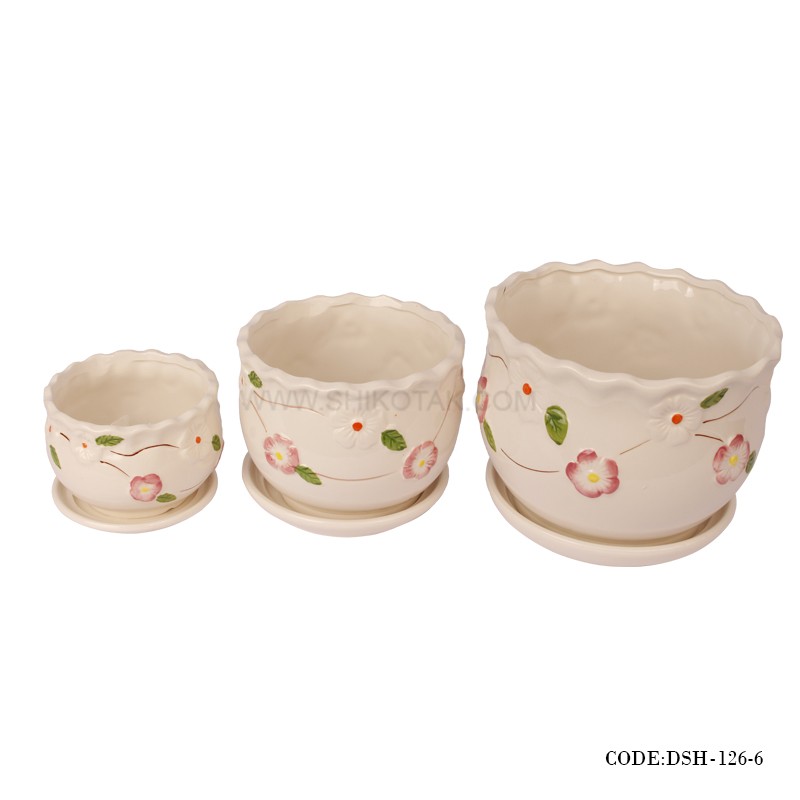 گلدان و زیرگلدانی سرامیکی طرح گل سرخ