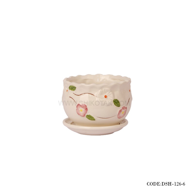 گلدان و زیرگلدانی سرامیکی طرح گل سرخ