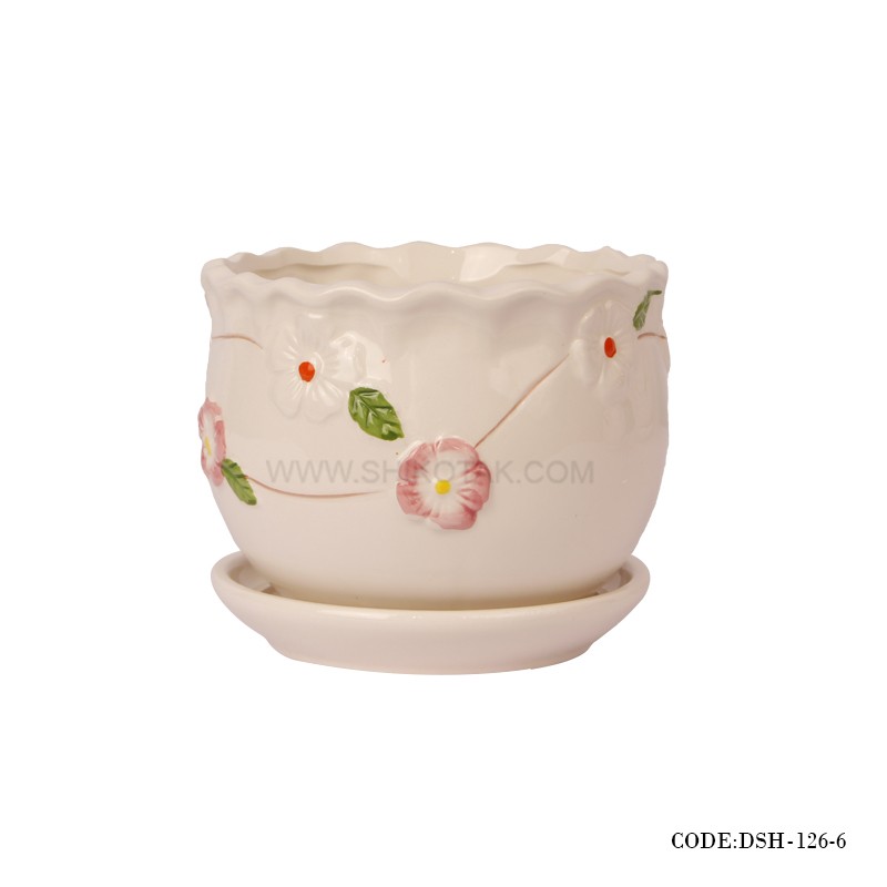 گلدان و زیرگلدانی سرامیکی طرح گل سرخ