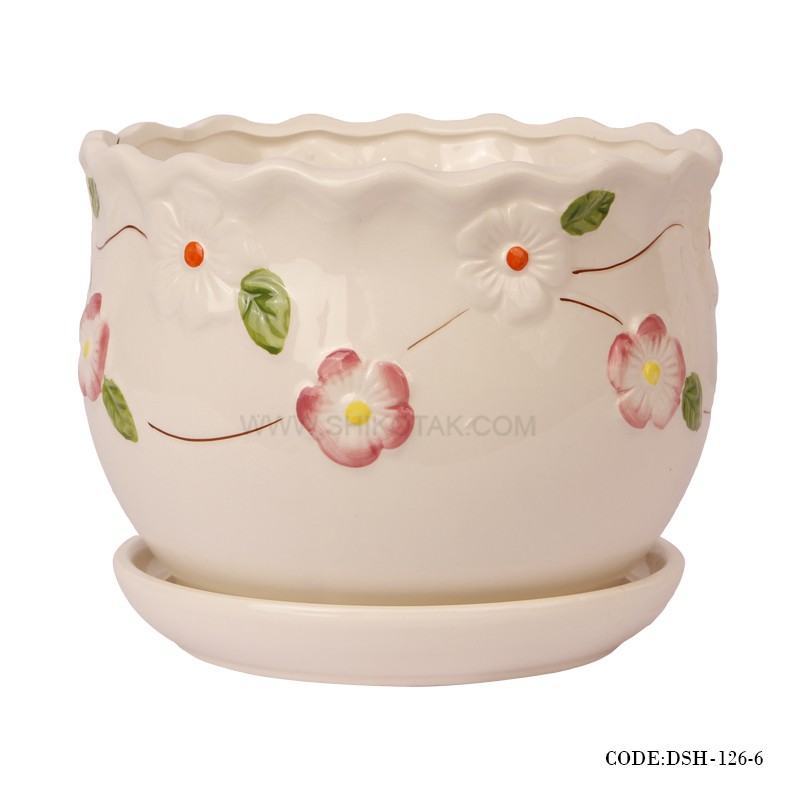 گلدان و زیرگلدانی سرامیکی طرح گل سرخ