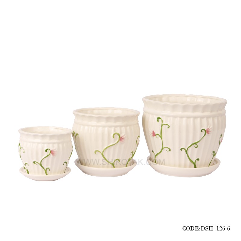 گلدان و زیرگلدانی سرامیکی طرح پیچک