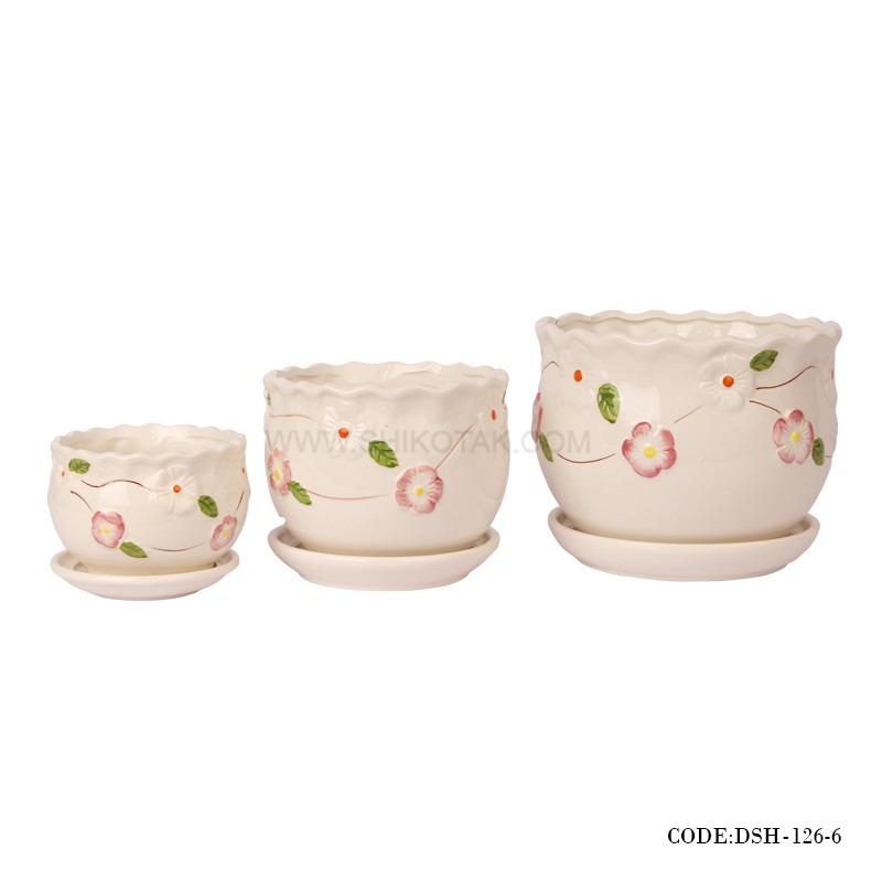 گلدان و زیرگلدانی سرامیکی طرح گل سرخ