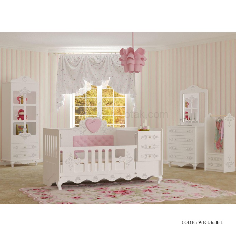 ست تخت و کمد و ویترین دخترانه مدل قلب 1