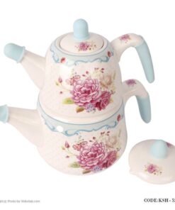 سرویس کتری و قوری چینی مدل گل سرخی آبی