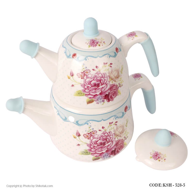 سرویس کتری و قوری چینی مدل گل سرخی آبی