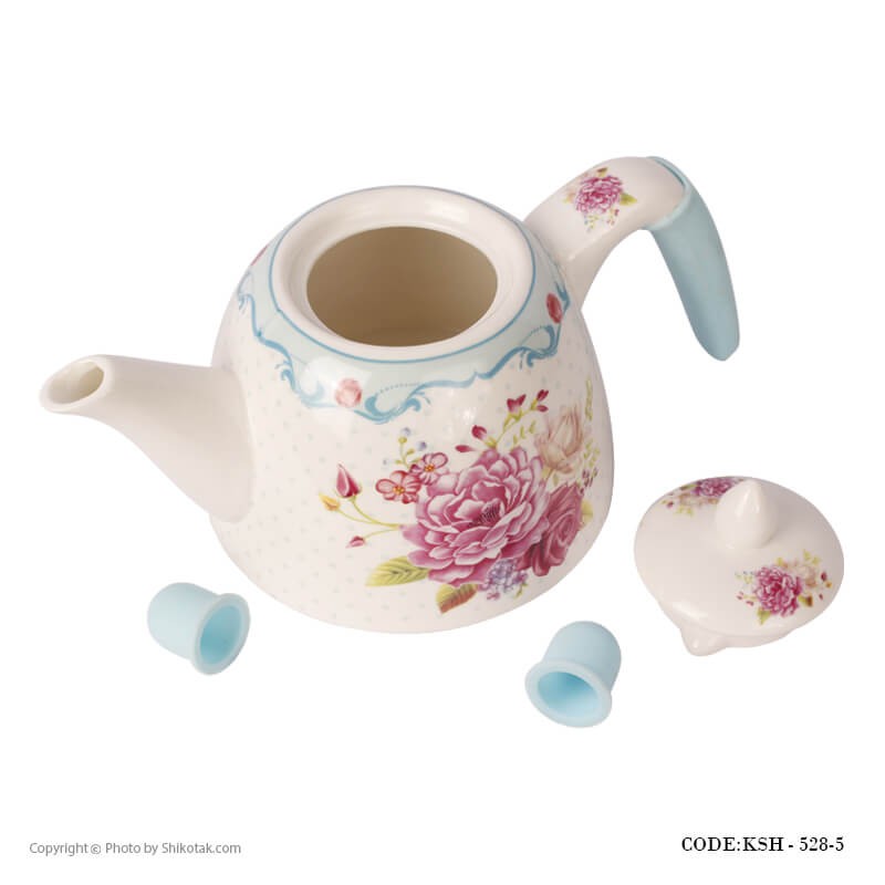 سرویس کتری و قوری چینی مدل گل سرخی آبی