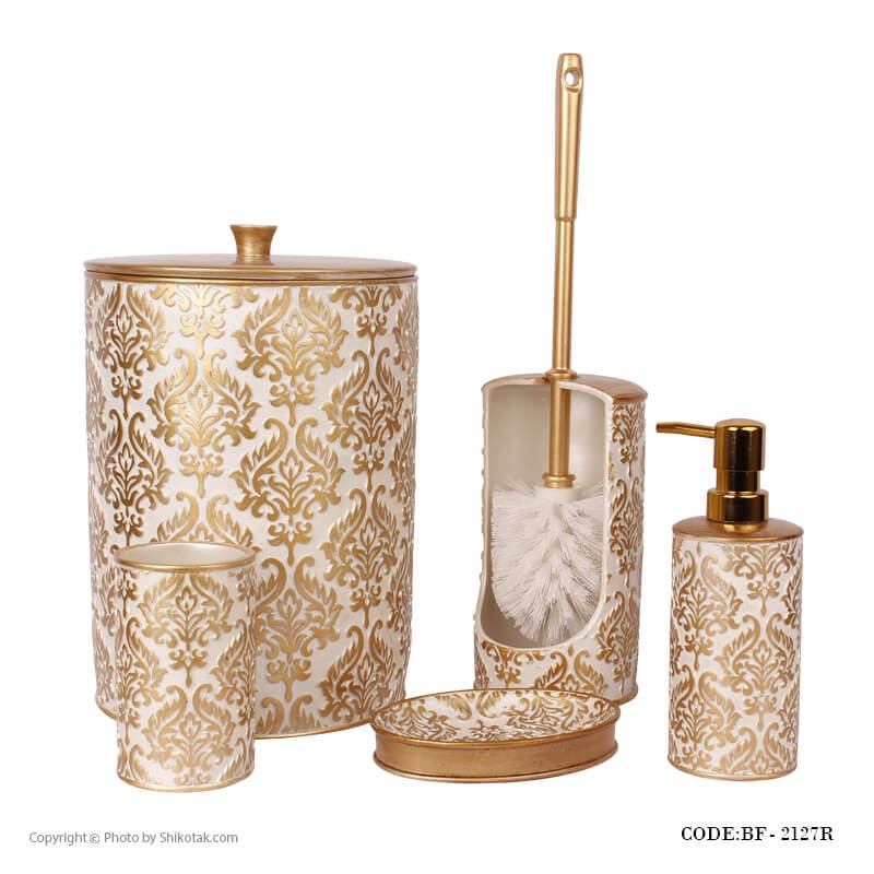 لوازم سرویس بهداشتی طرح اسلیمی رنگ سفید-طلایی