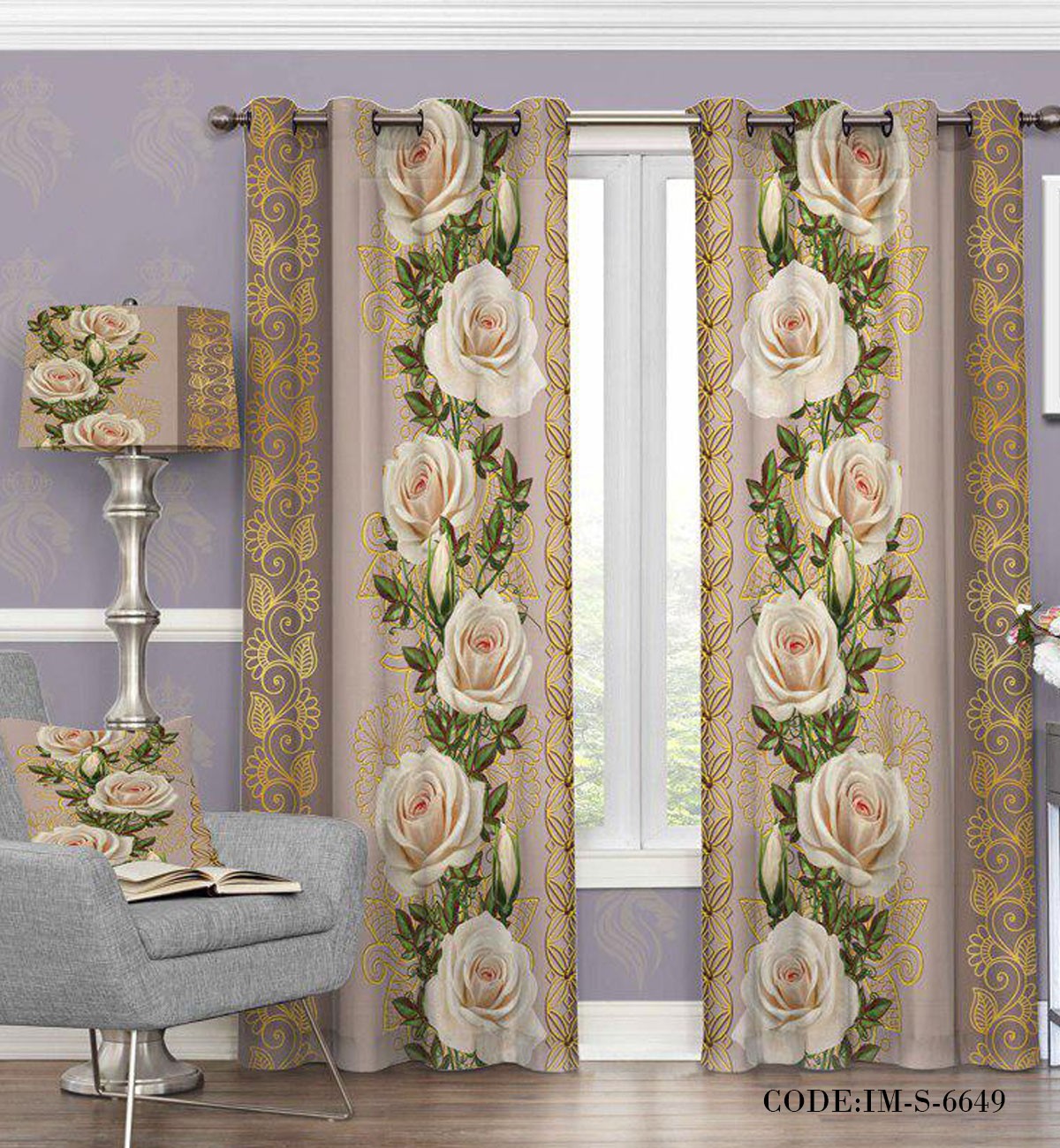 پرده کلاسیک رز سفید مدل 6649