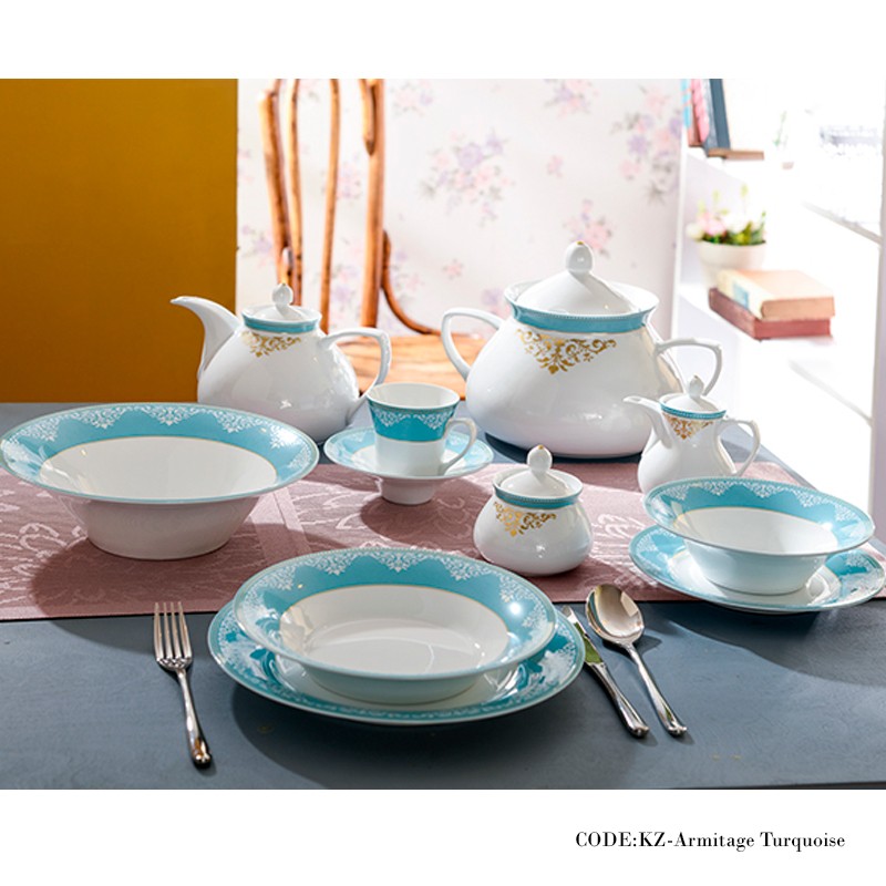 سرویس غذاخوری 108 پارچه آرمیتاژ فیروزه ای سری شهرزاد
