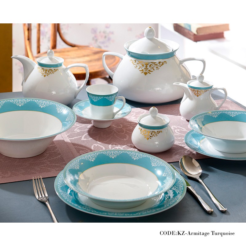 سرویس غذاخوری 108 پارچه آرمیتاژ فیروزه ای سری شهرزاد