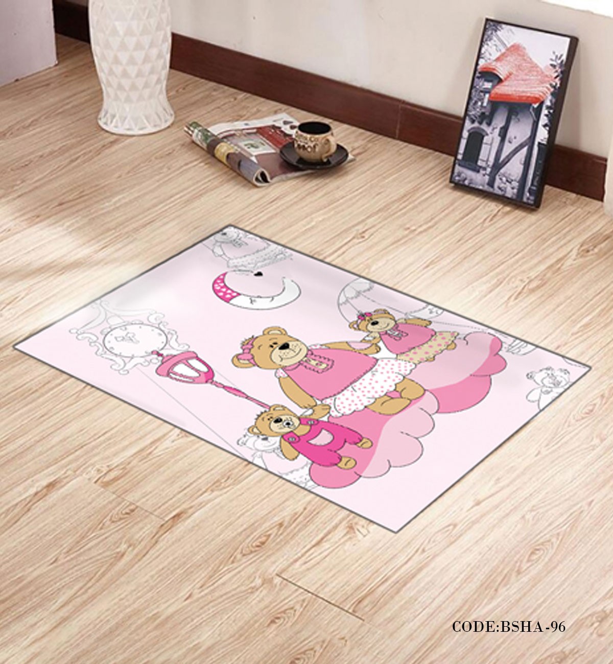 پادری و فرش اتاق کودک طرح خانواده صورتی مدل 96