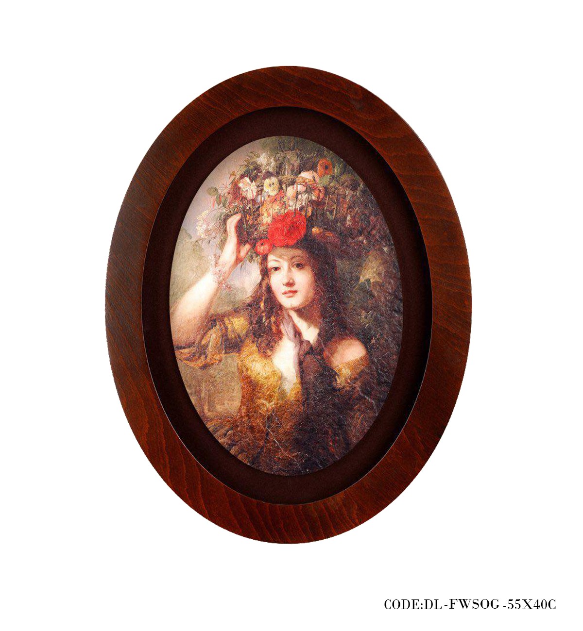 تابلو چوبی بیضی طرح دختر گل به سر