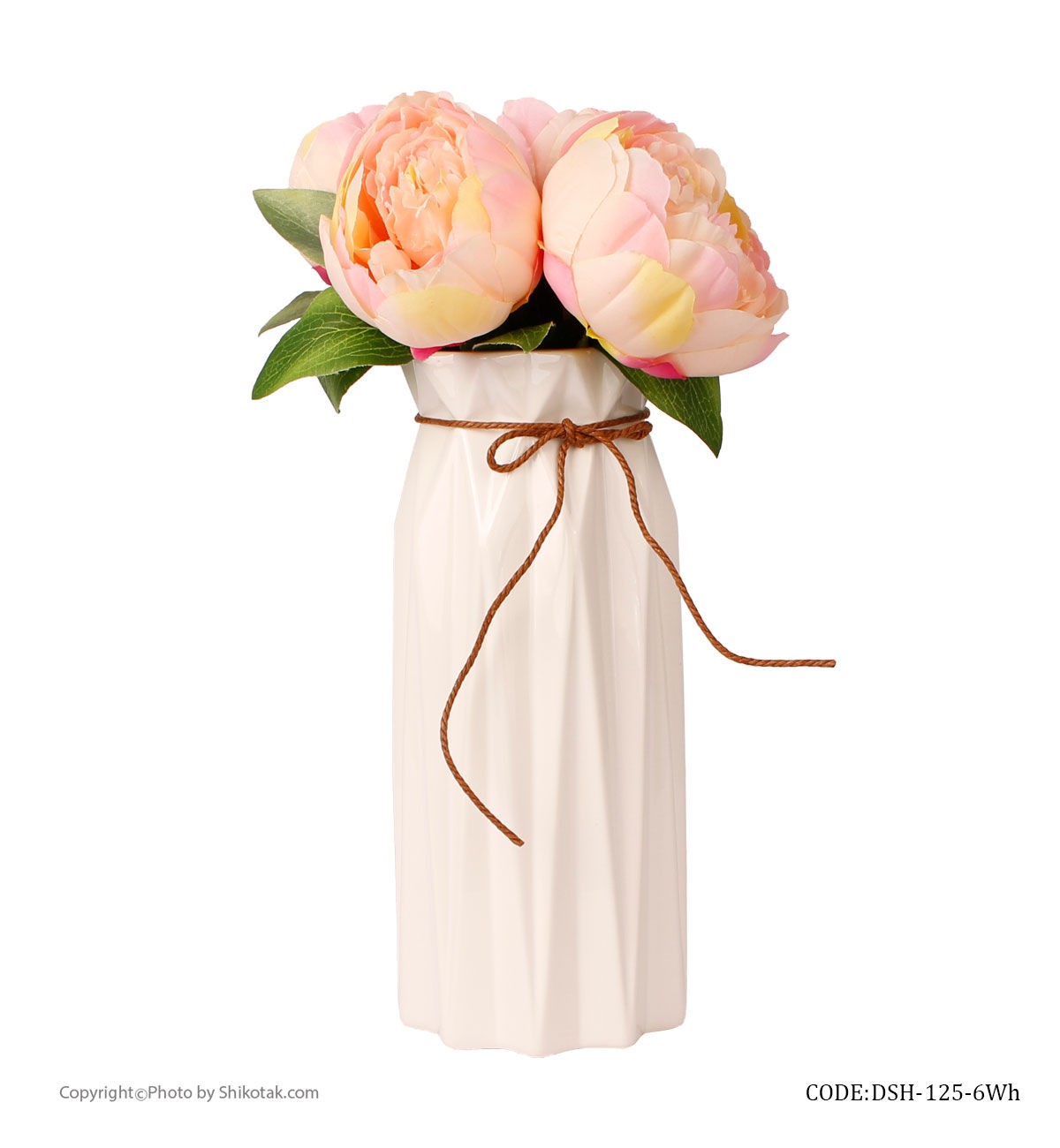 گلدان سرامیکی سفید بلند نخ کنفی