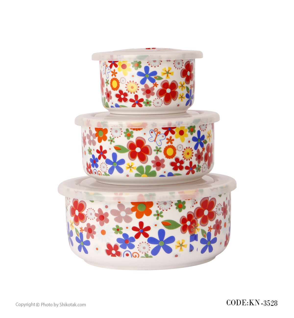 ظرف چینی سه تکه نگهداری غذا طرح گلهای رنگارنگ