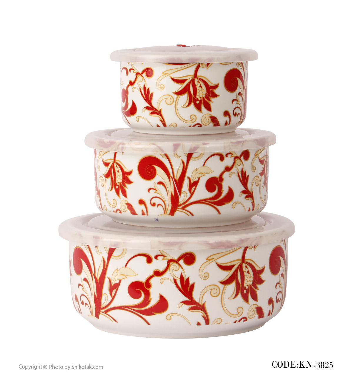 ظروف درب دار سه تکه چینی طرح لاله سرخ