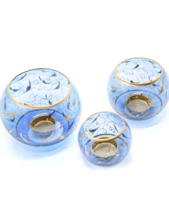 ست جا شمعی بلوری بوم طرح پر کار آبی و طلایی