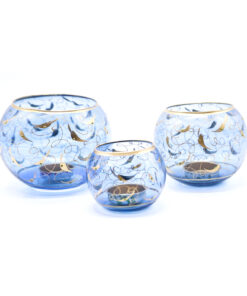 ست جا شمعی بلوری بوم طرح پر کار آبی و طلایی