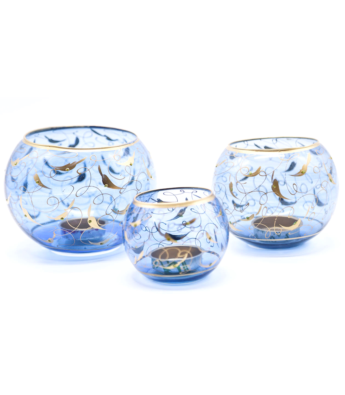 ست جا شمعی بلوری بوم طرح پر کار آبی و طلایی