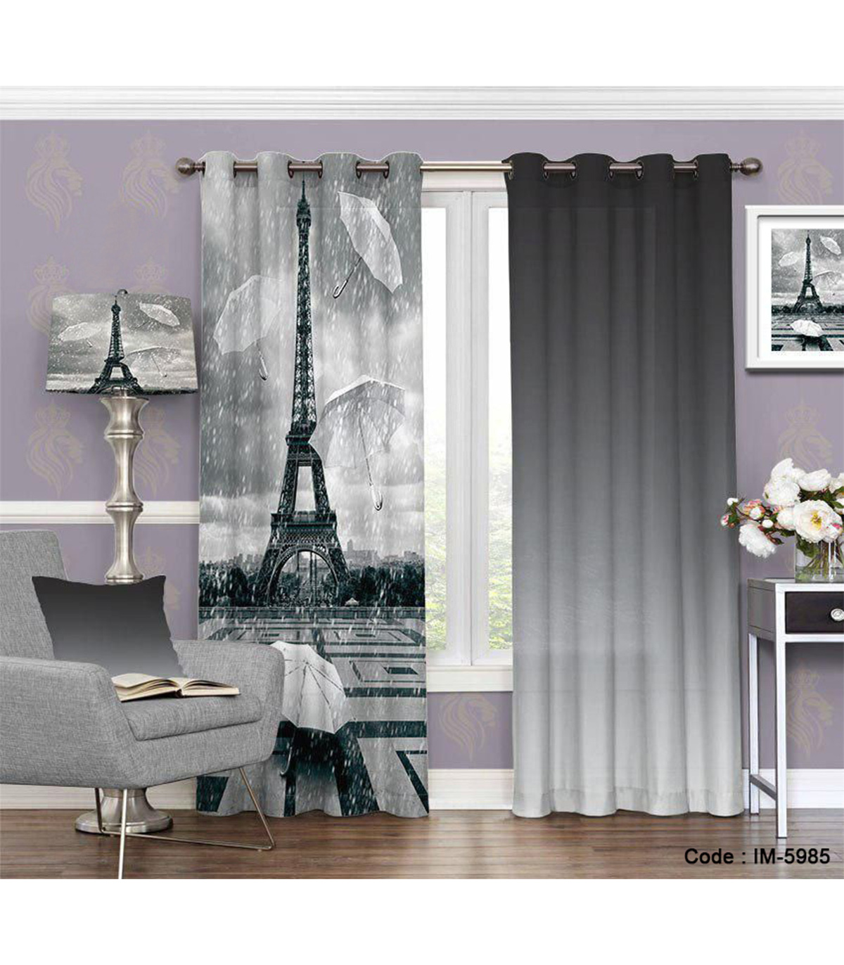 پرده پانچی اسپرت طرح پاریس خاکستری