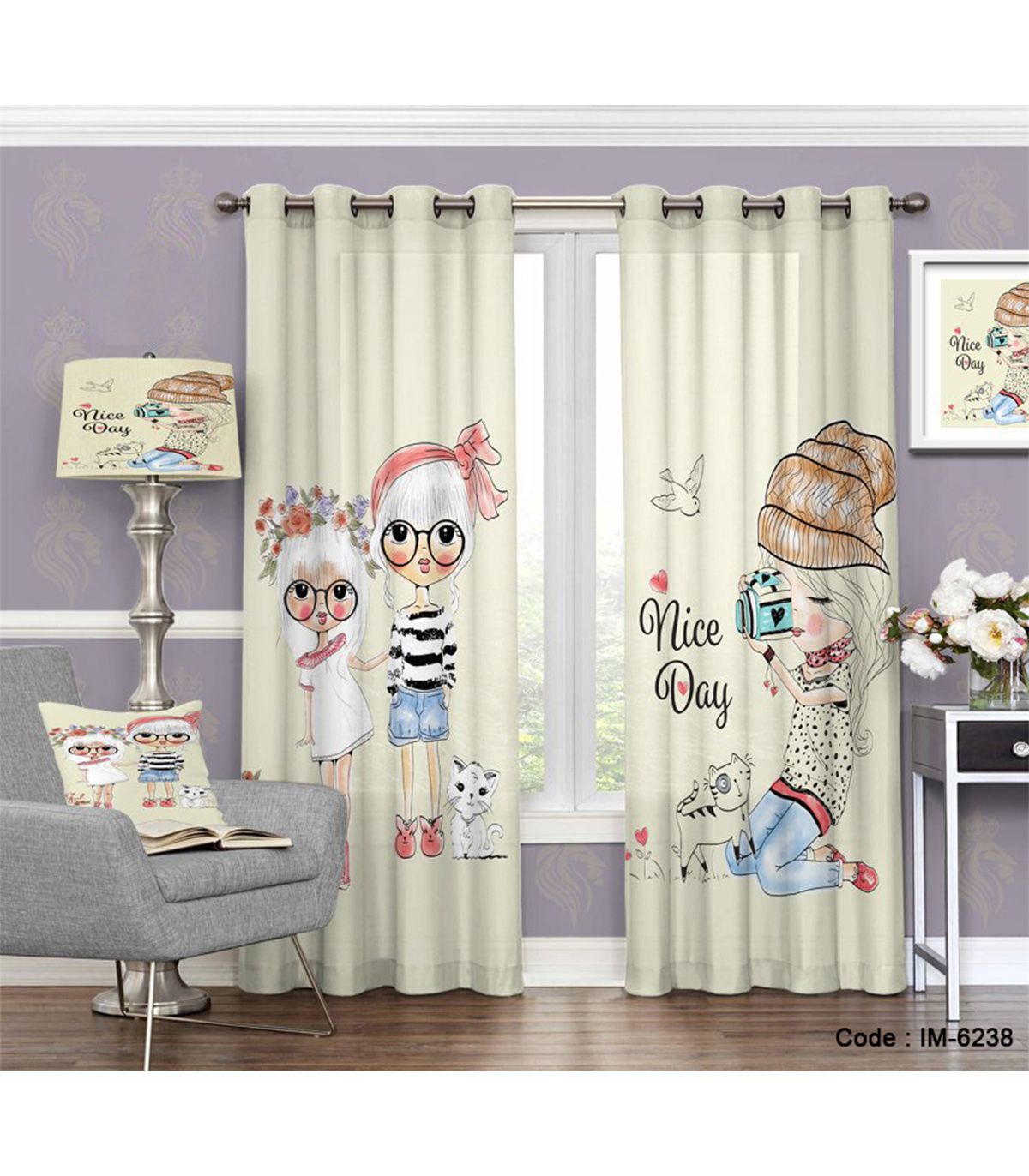 پرده دخترانه طرح کارتونی nice day