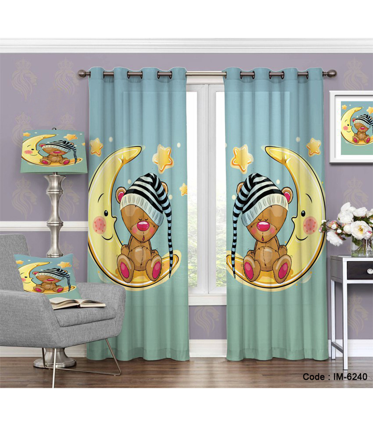 پرده کودک اتاق پسر طرح خرس بر ماه