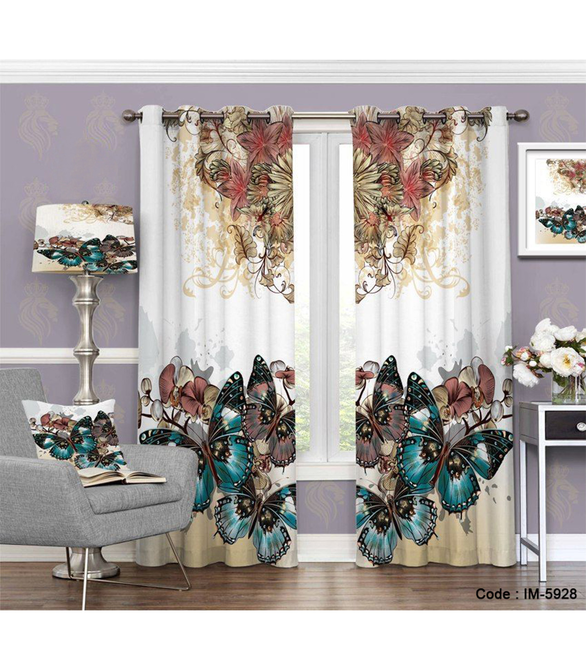 پرده دو تکه پانچی طرح پروانه های رنگی