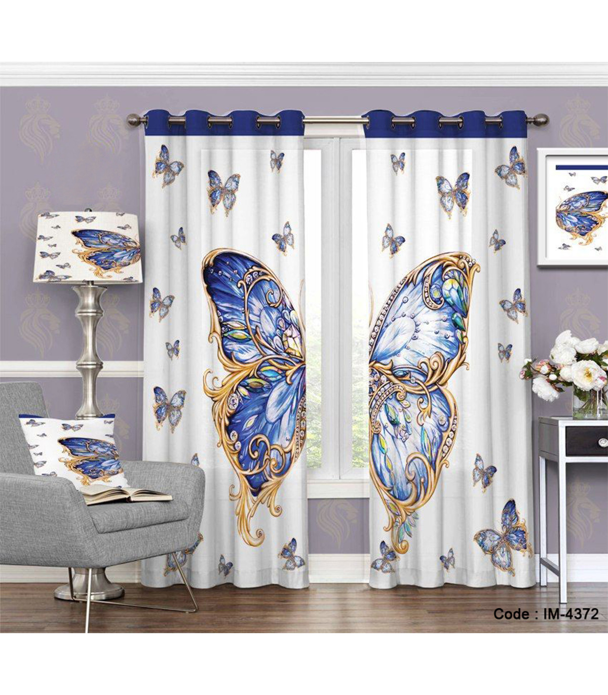 پرده پانچی اتاق نشیمن و خواب طرح پروانه آبی