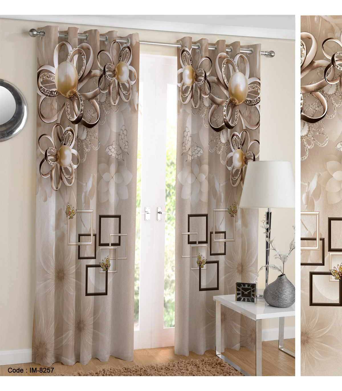 پرده سه بعدی طرح گل های مرواریدی کرم