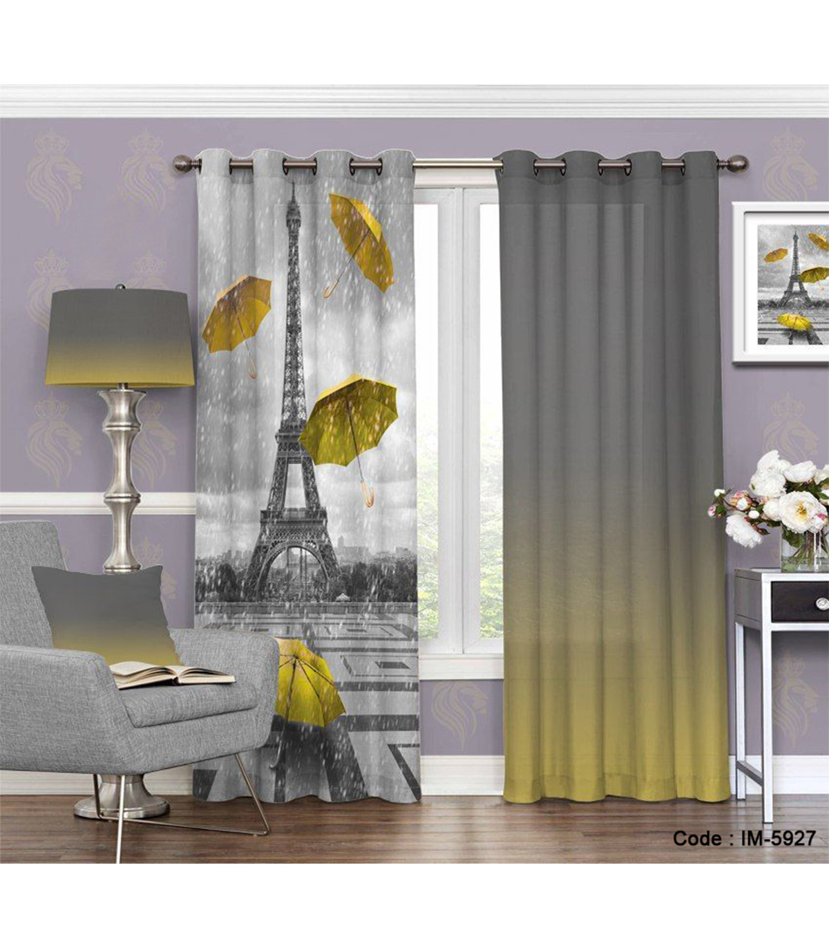 پرده پانچی خاکستری و زرد طرح پاریس