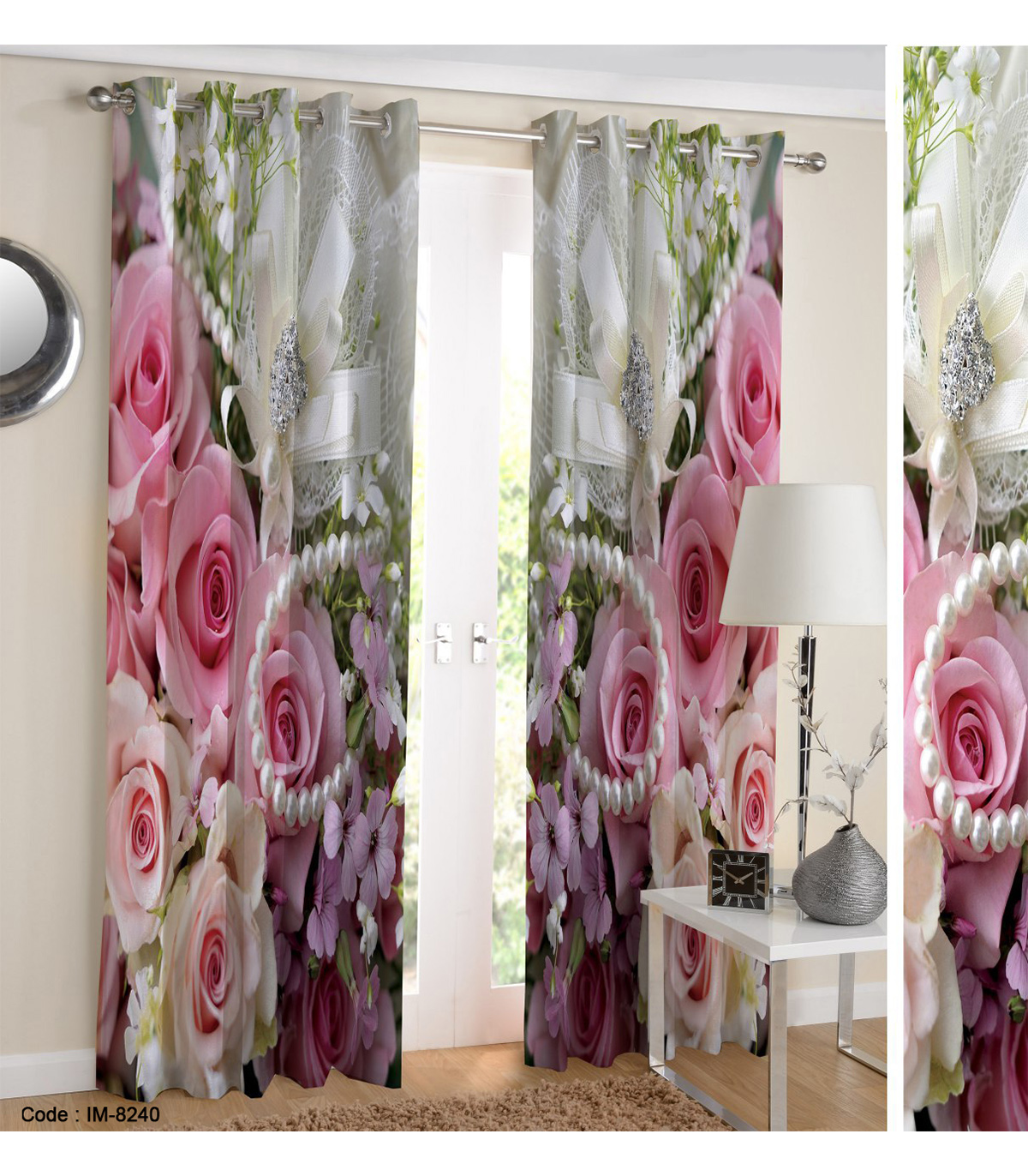 پرده سه بعدی اتاق خواب و نشیمن طرح رز صورتی