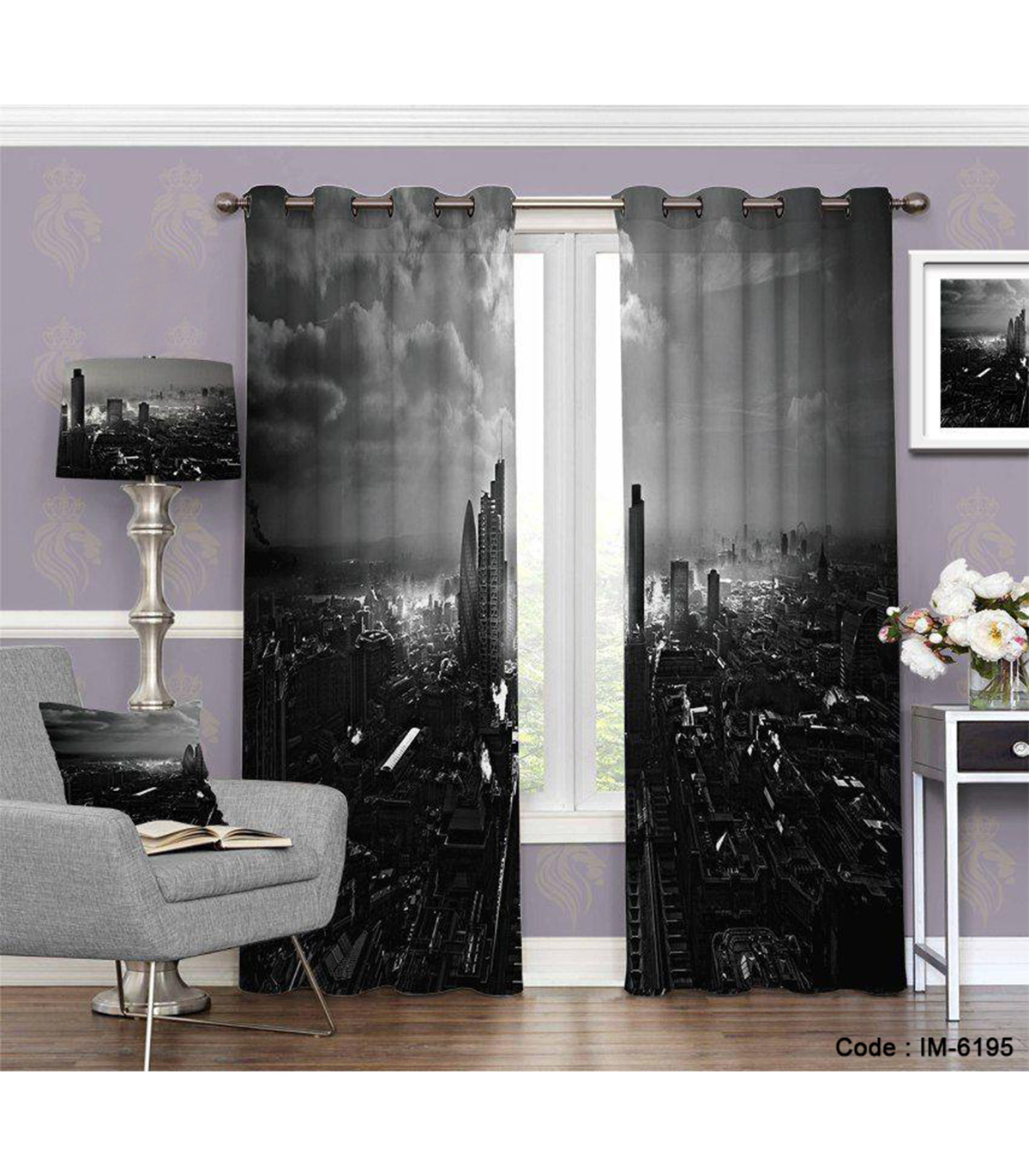 پرده پانچی سیاه و سفید طرح شهر در شب