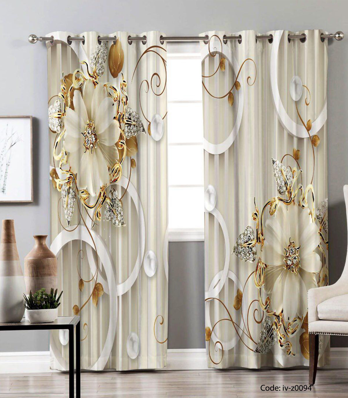 پرده پانچی اتاق پذیرایی مدل گل طلایی