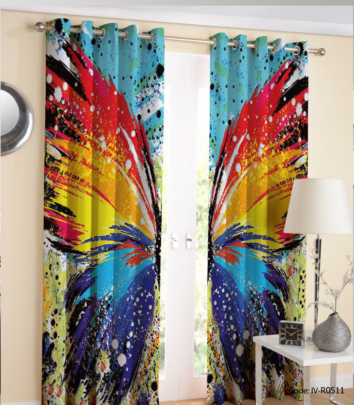 پرده دو تکه پانچی مدل پروانه رنگی