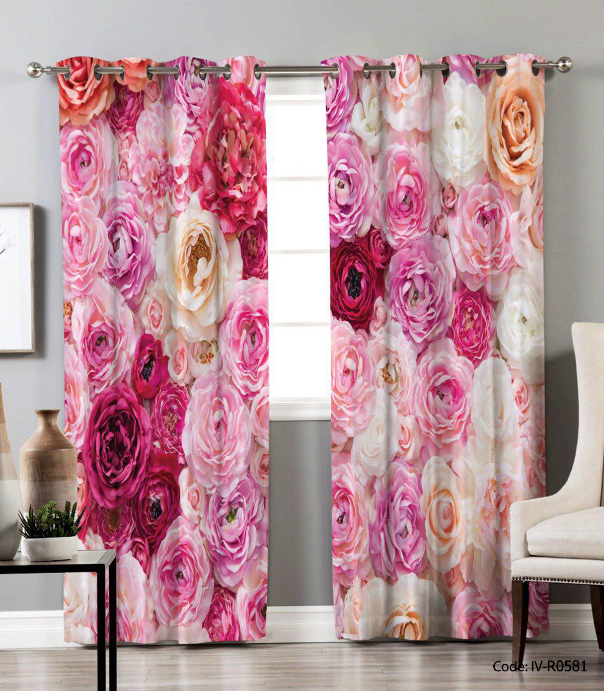 پرده طرح شلوغ پانچی مدل گلستان رز