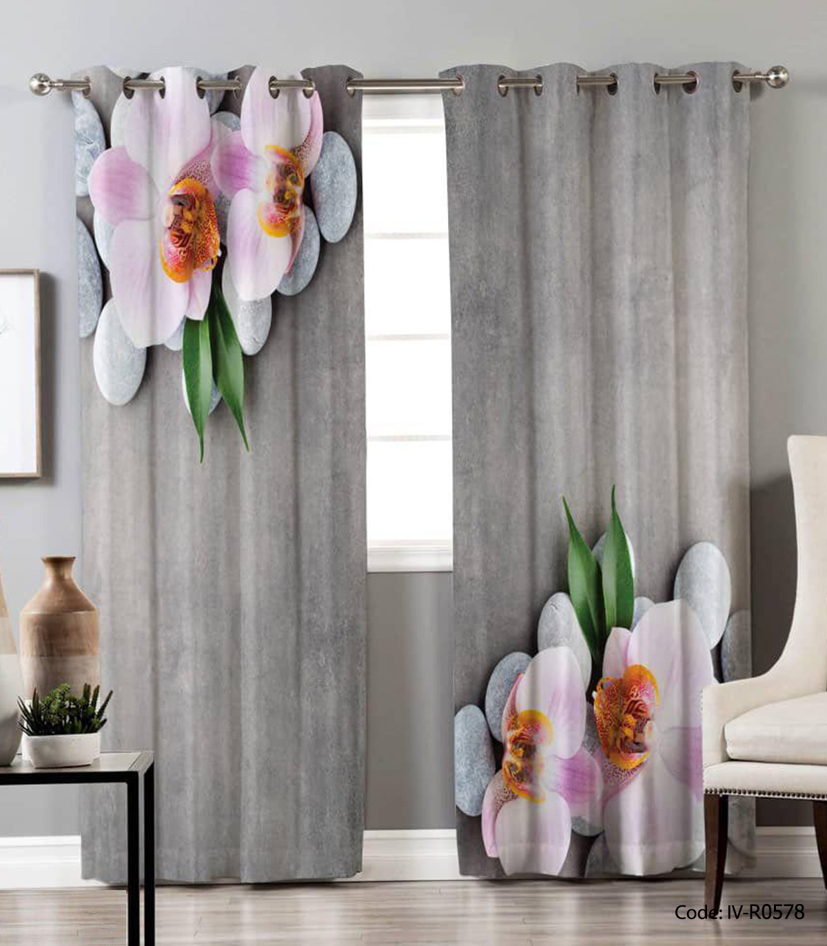 پرده پانچی دو تکه مدل ارکیده سفید