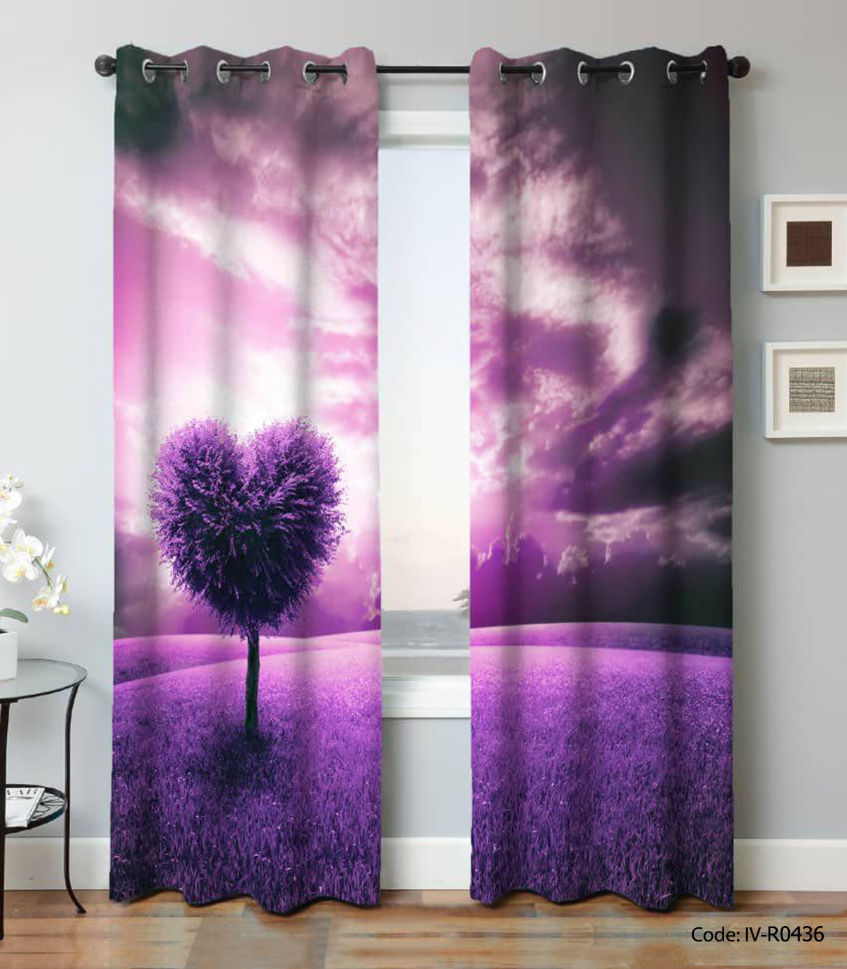 پرده دو تکه فانتزی پانچی مدل درخت بنفش