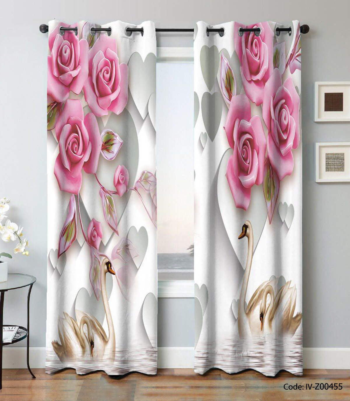 پرده پانچی گل دار مدل رز صورتی