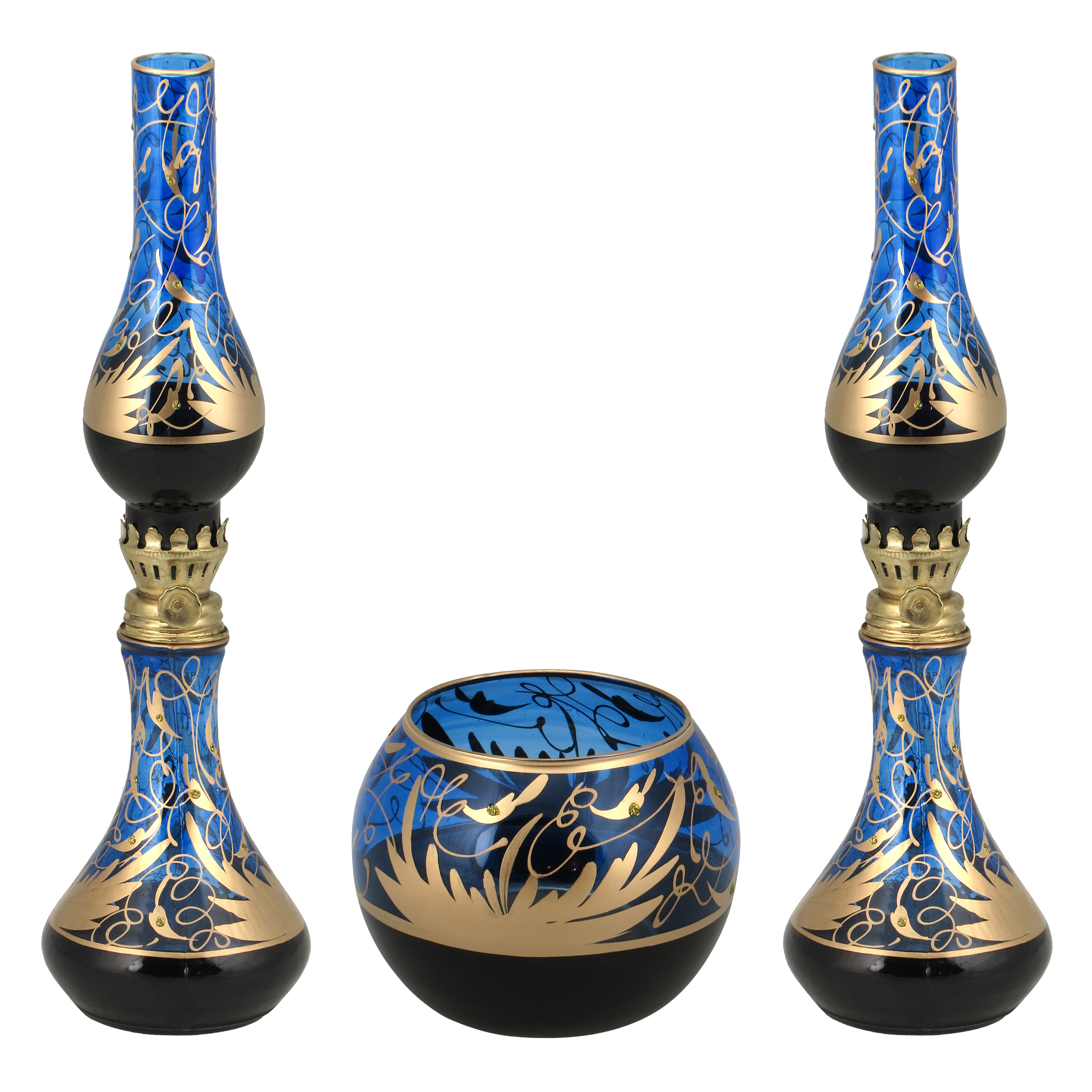 ست چراغ گرد سوز و شمعدان بوم طرح رویال آبی