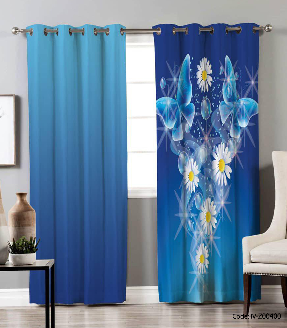 پرده پانچی دو تکه مدل پروانه و گل