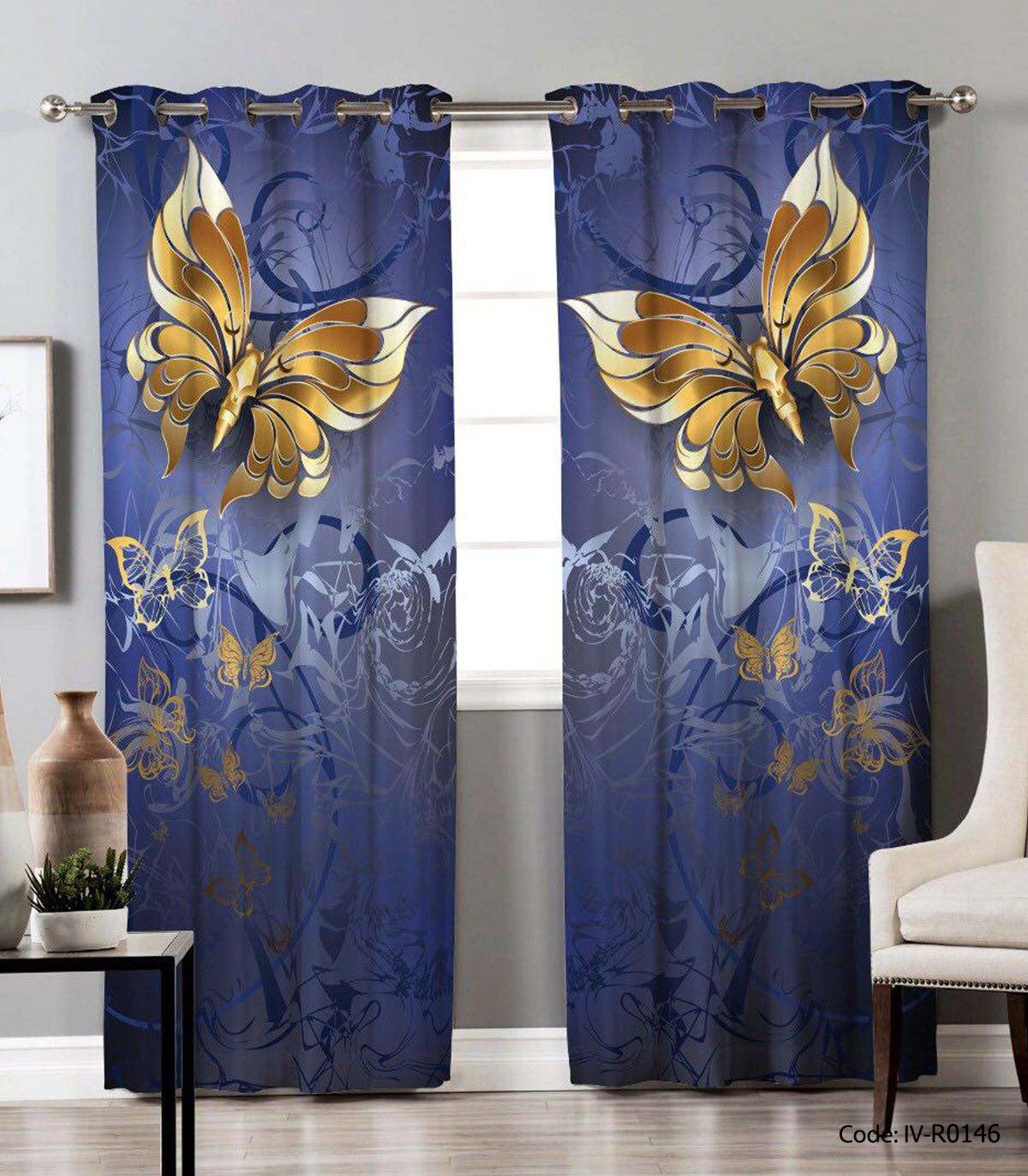 پرده پانچی دو تکه مدل پروانه طلایی