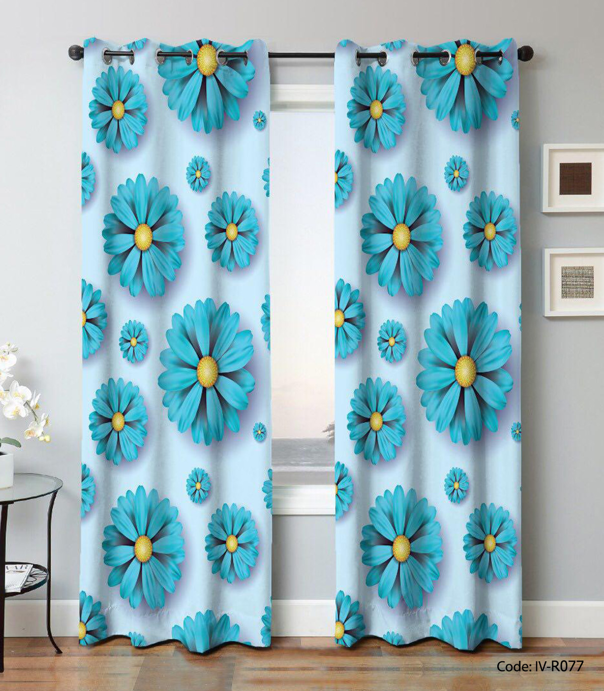 پرده پانچی دو تکه گلدار مدل گل آبی