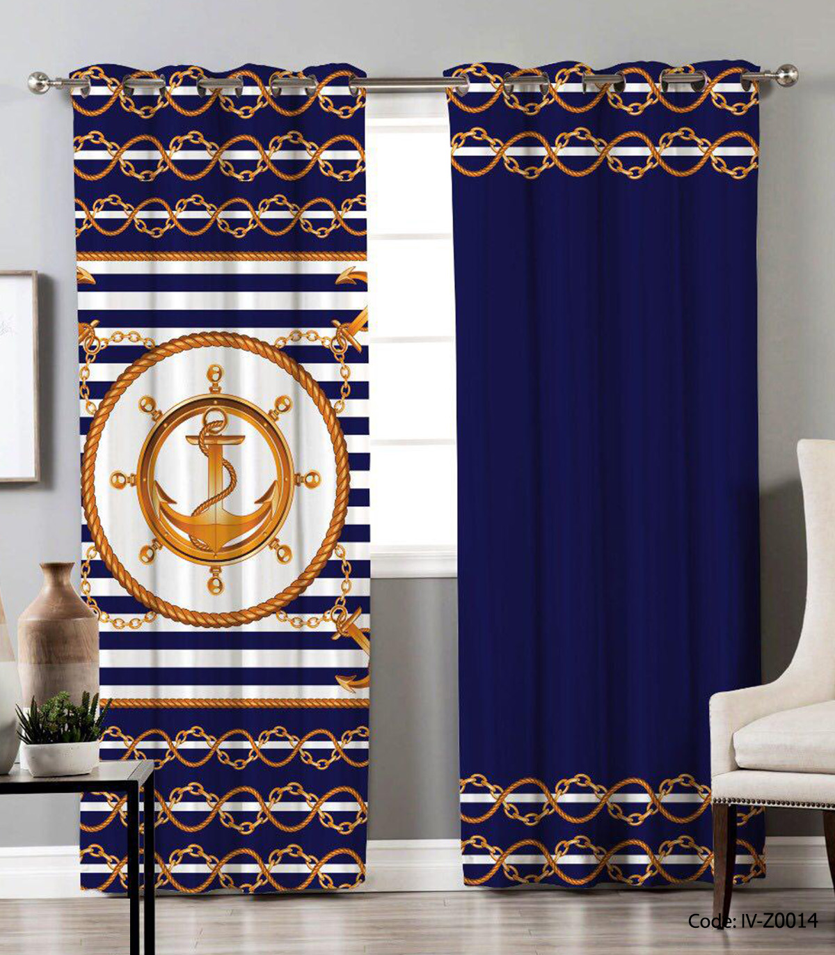 پرده پانچی آبی مدل لنگر طلایی