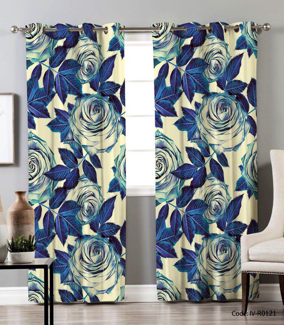 پرده پانچی مدرن دو تکه مدل رز آبی