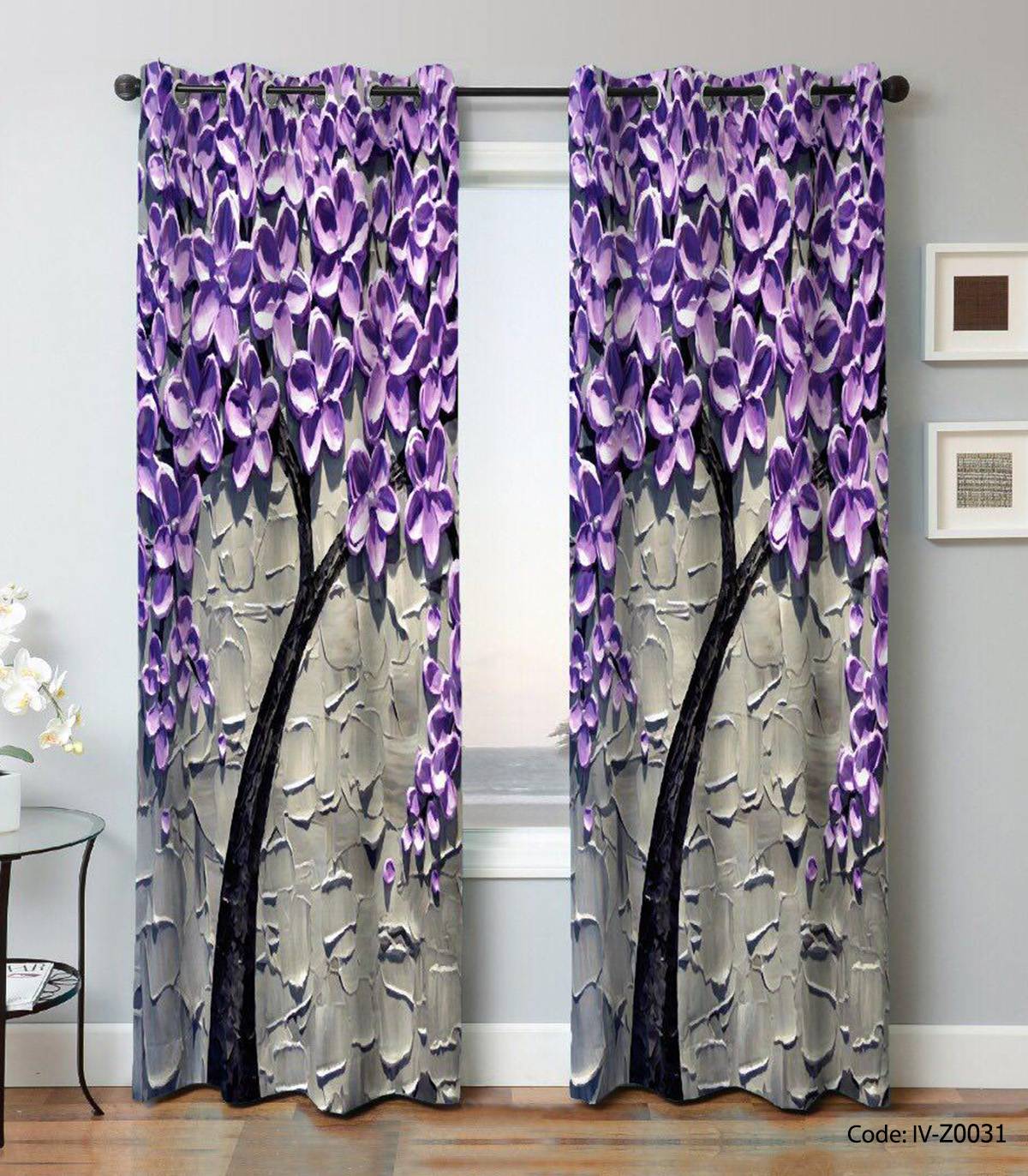 پرده پانچی اتاق خواب مدل شکوفه بنفش