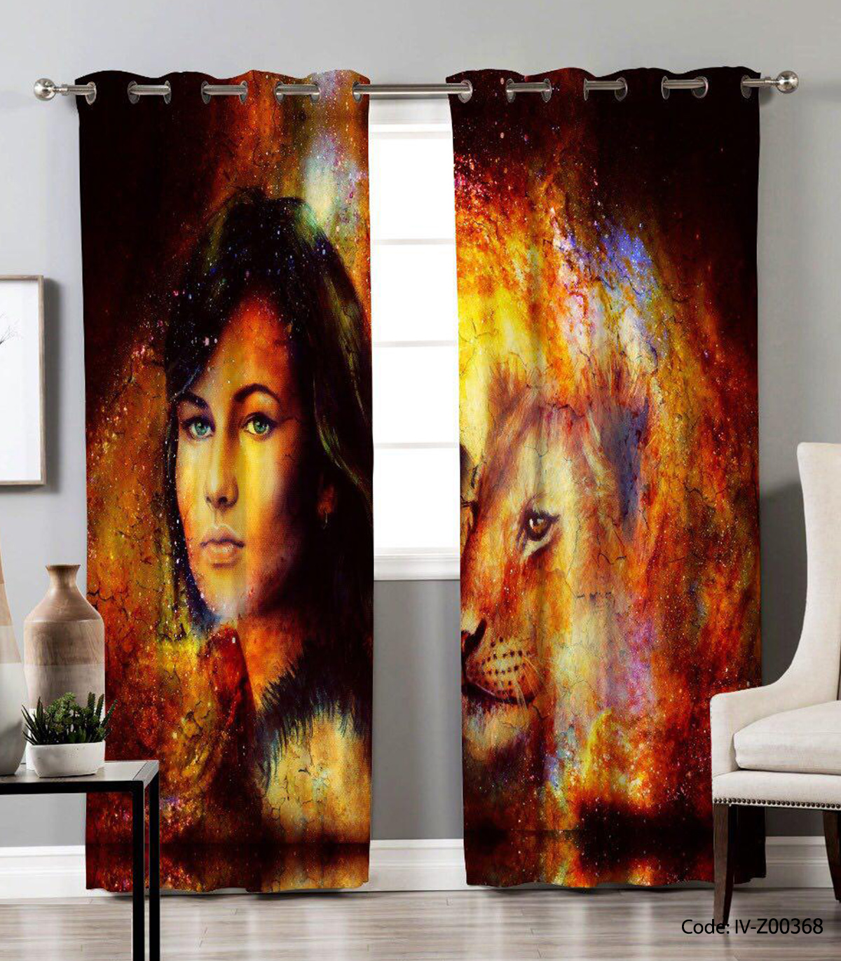 پرده پانچی اتاق خواب 2 تکه مدل شیر