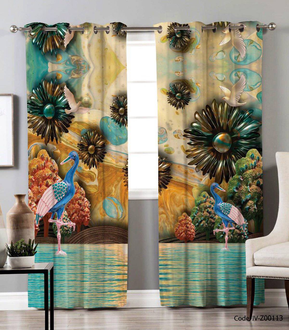 پرده دو تکه پانچی اتاق خواب مدل پرنده