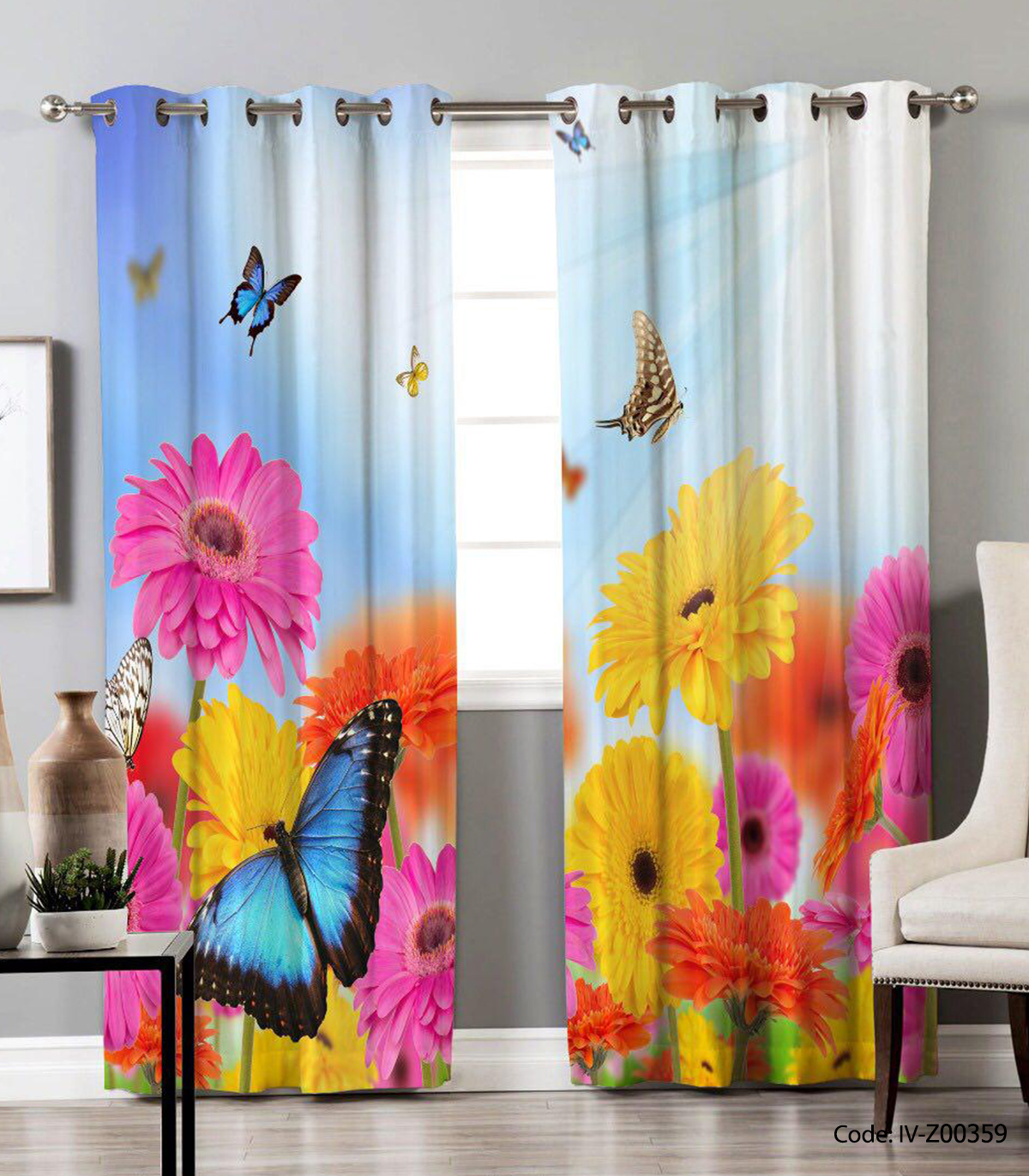 پرده پانچی اتاق خواب طرح گل زرد و صورتی