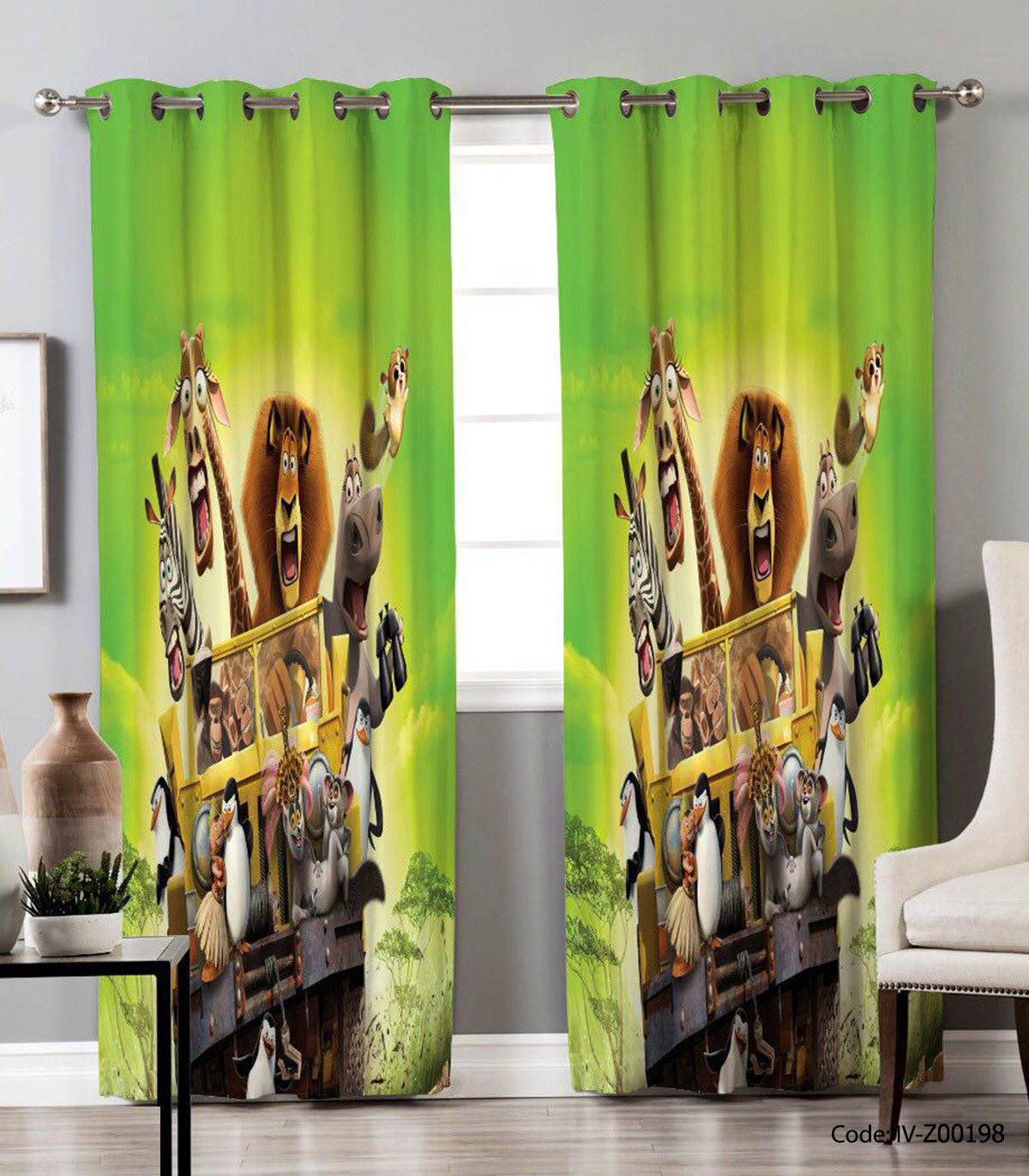 پرده پانچی اتاق خواب پسرانه طرح ماداگاسکار و الکس